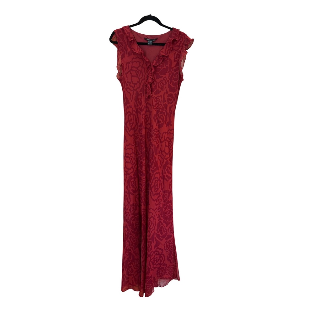 Perry Ellis Maxi Dress Women Red Silk Floral Ruffle Vintage Y2K SIZE 12